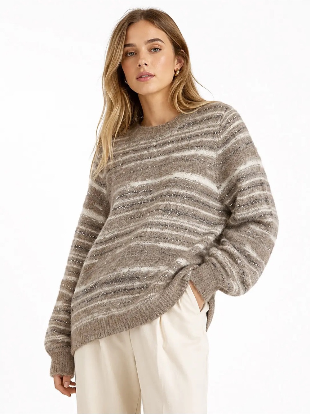 Sezane La MailleTaupe & Cream Striped wool Crewneck Sweater